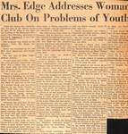 News article on Mrs. Edge addressing the Statesboro Woman's club on "problems of youth".